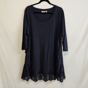 LOGO by Lori Goldstein Cotton Blend Midi Dress Crochet Lace Trim 2X Blue